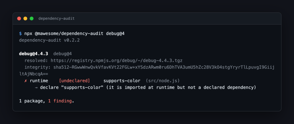 Terminal: npx @mawesome/dependency-audit debug@4 reports one finding — supports-color is imported at runtime but not declared as a dependency.