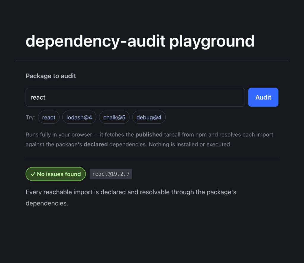 Browser playground auditing react: no issues found — every reachable import is declared and resolvable.