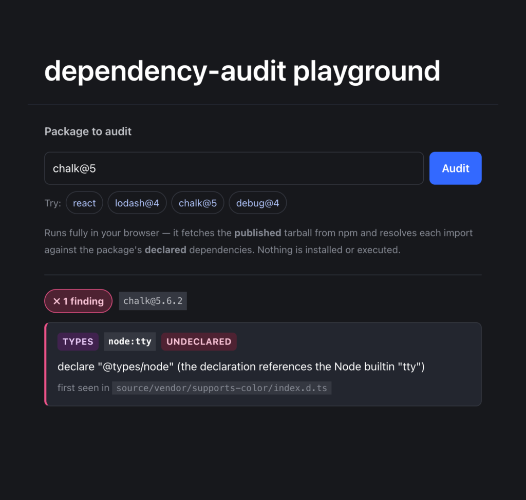 Browser playground auditing chalk@5: a types finding — the declaration references node:tty, so @types/node is undeclared.